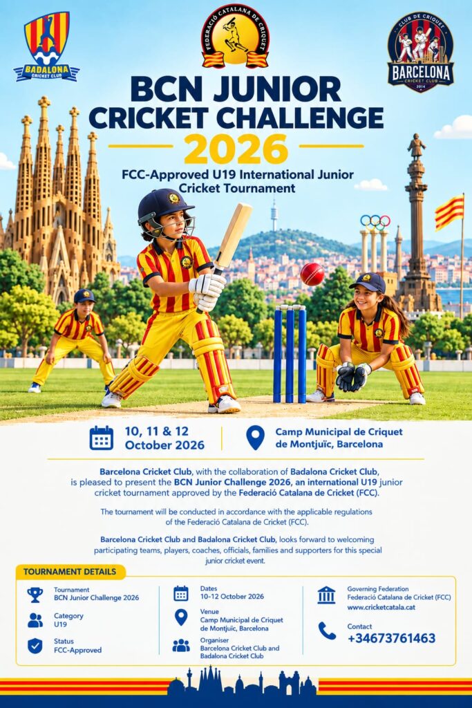 BCN Junior Cricket Challenge 2026 poster: FCC-approved U19 international junior cricket tournament, 10-12 October 2026, Camp Municipal de Criquet de Montjuïc, Barcelona
