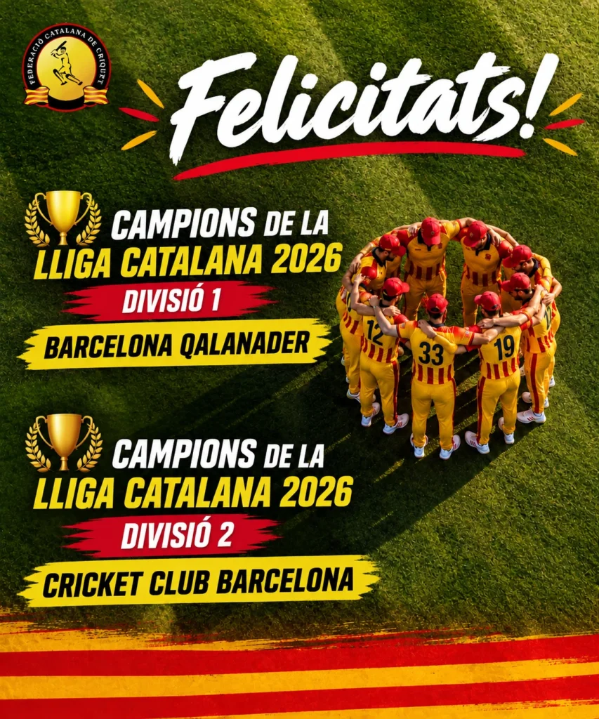 Felicitats! Campions de la Lliga Catalana 2026: Divisió 1 Barcelona Qalandar, Divisió 2 Cricket Club Barcelona